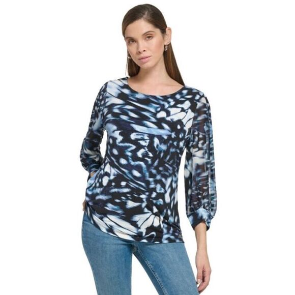 Calvin Klein - 🎉HP🎉 NWT - L Sz XS Everyday Crew Neck Chiffon Sleeve Blouse - Picture 1 of 14